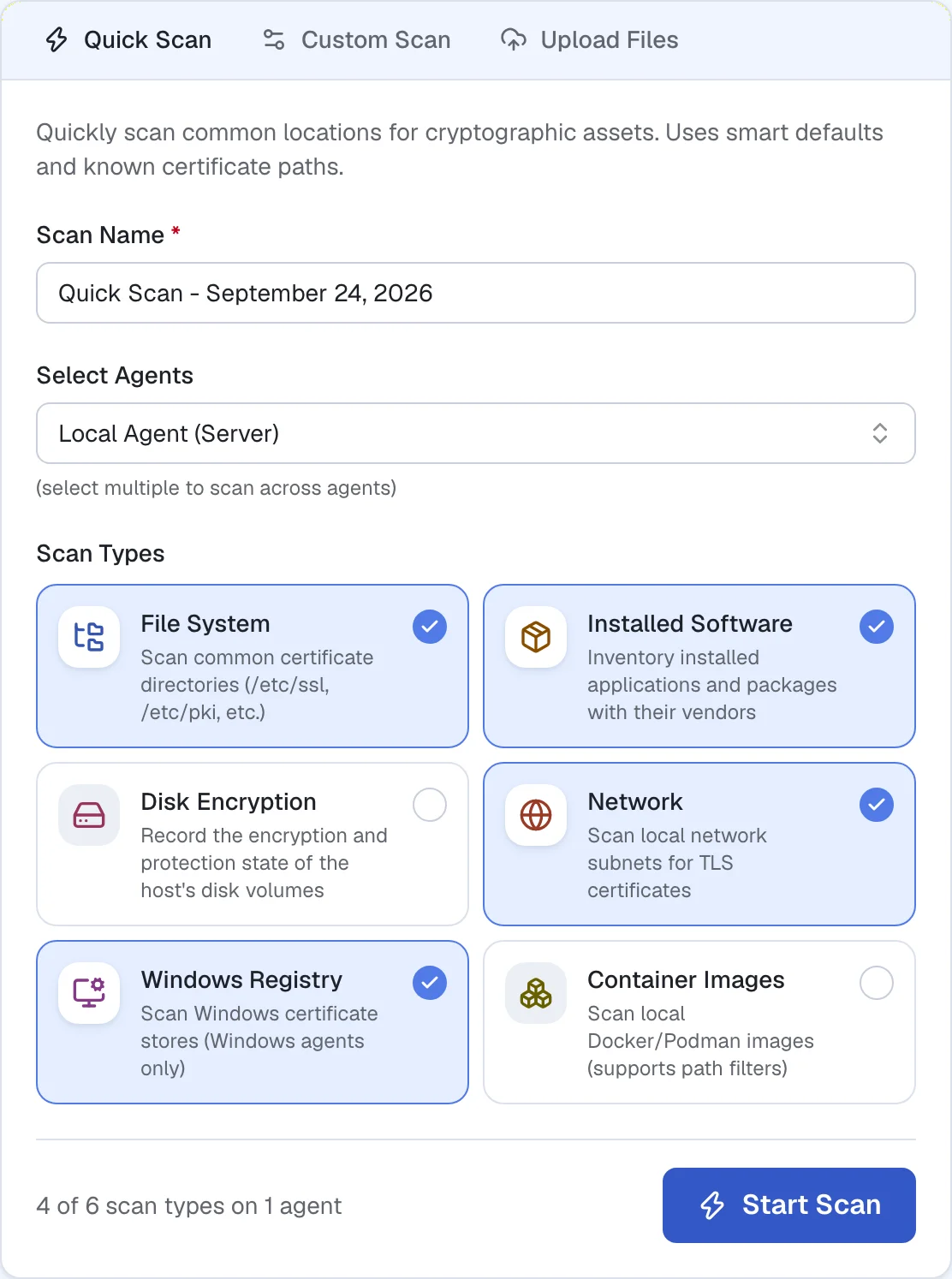 Cryptoramic Quick Scan with supported scan types and agent selection.