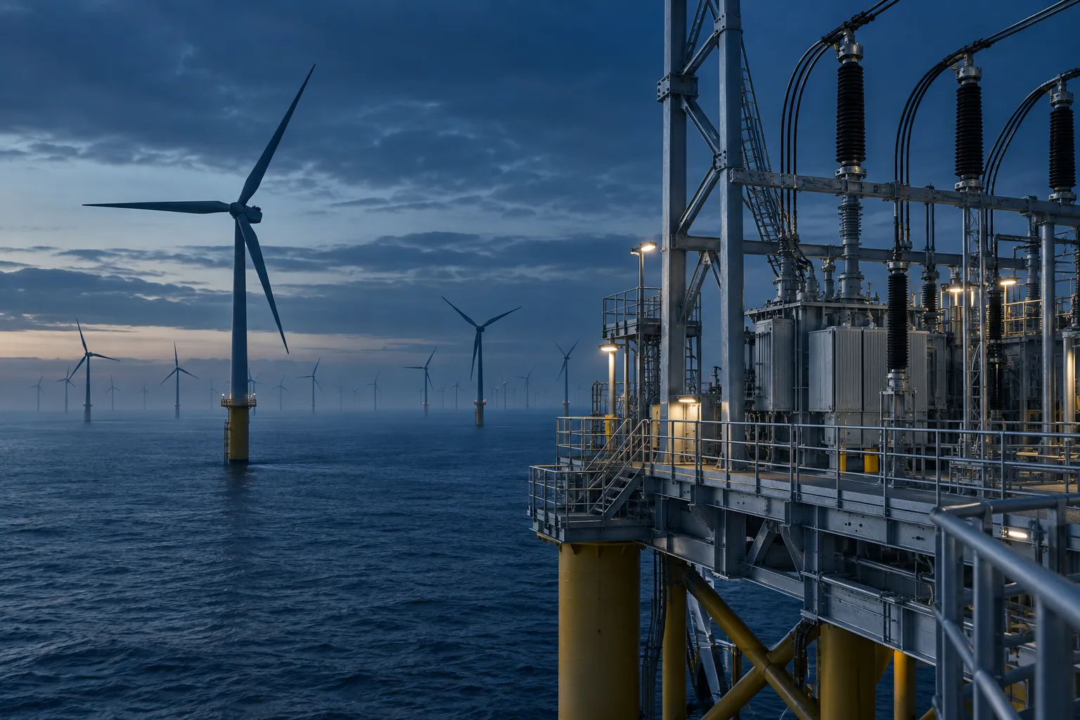 Electricity infrastructure and offshore wind turbines at blue hour.