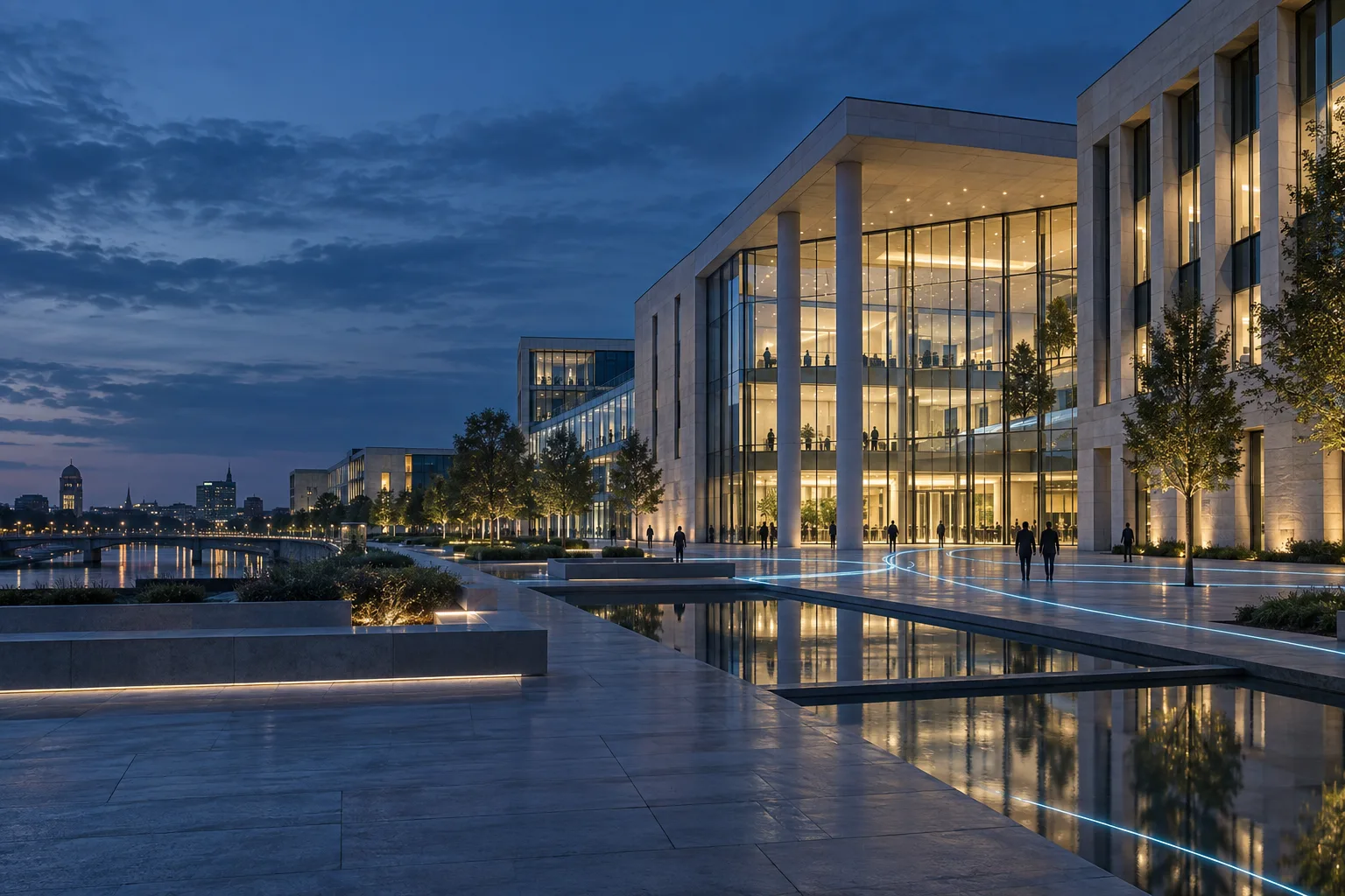 A public administration building and its connected services at blue hour.