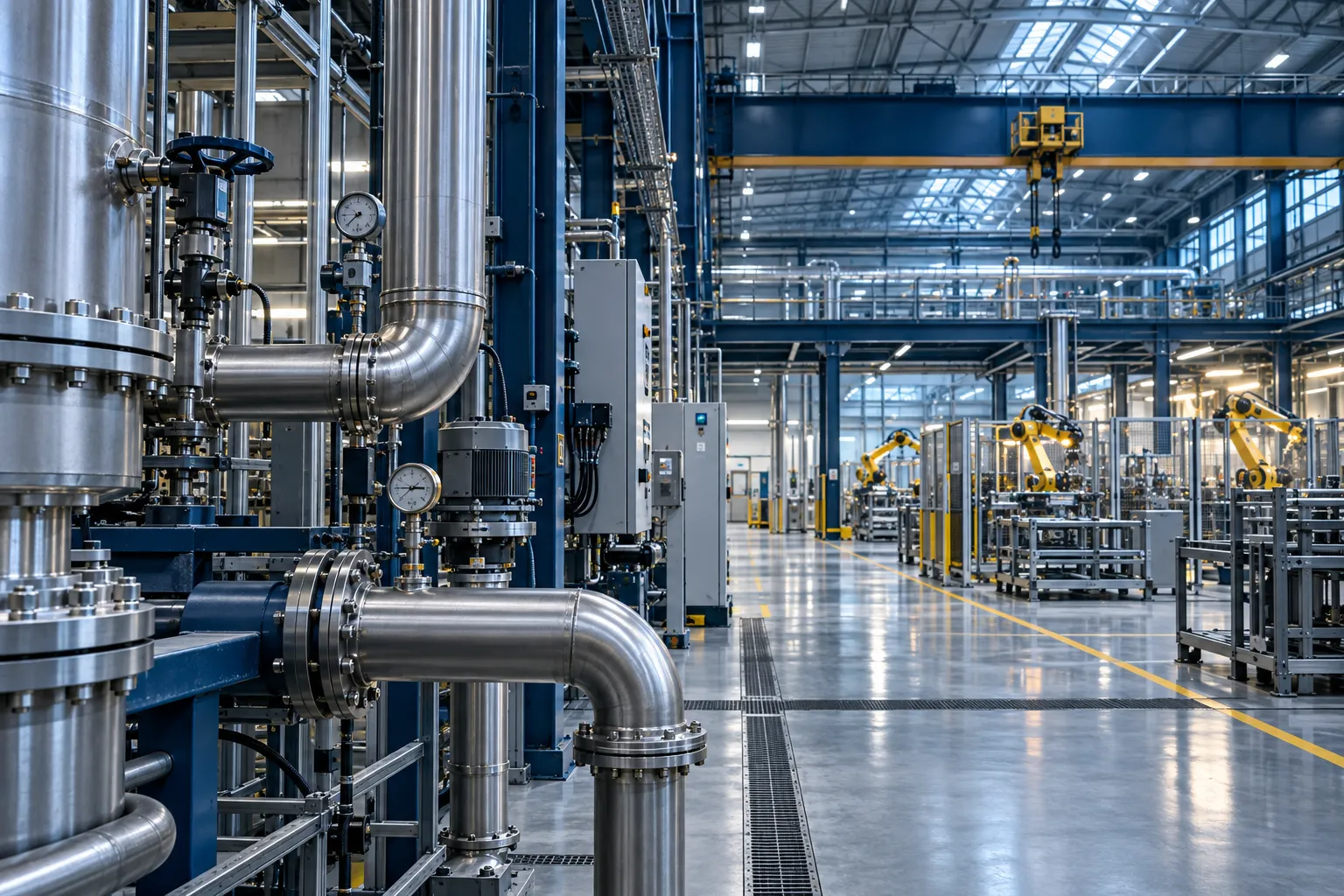 Industrial equipment and pipework inside a modern manufacturing facility.