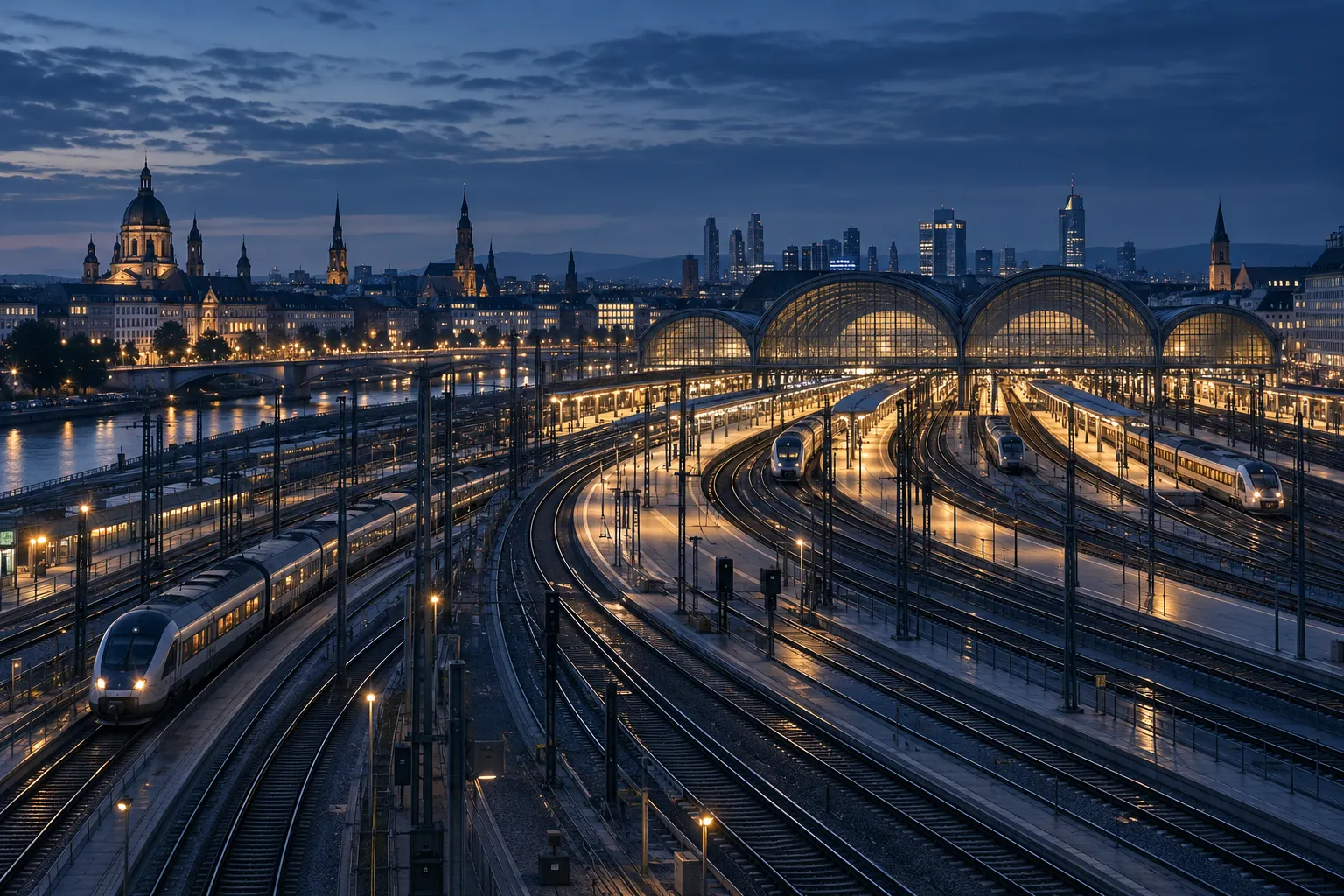 Railway infrastructure connecting a station and city at blue hour.