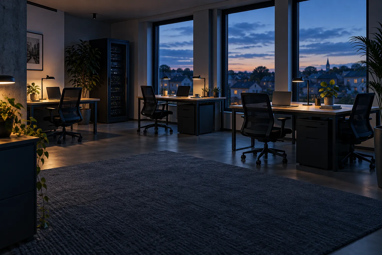 A small business workspace with laptops and shared network infrastructure.