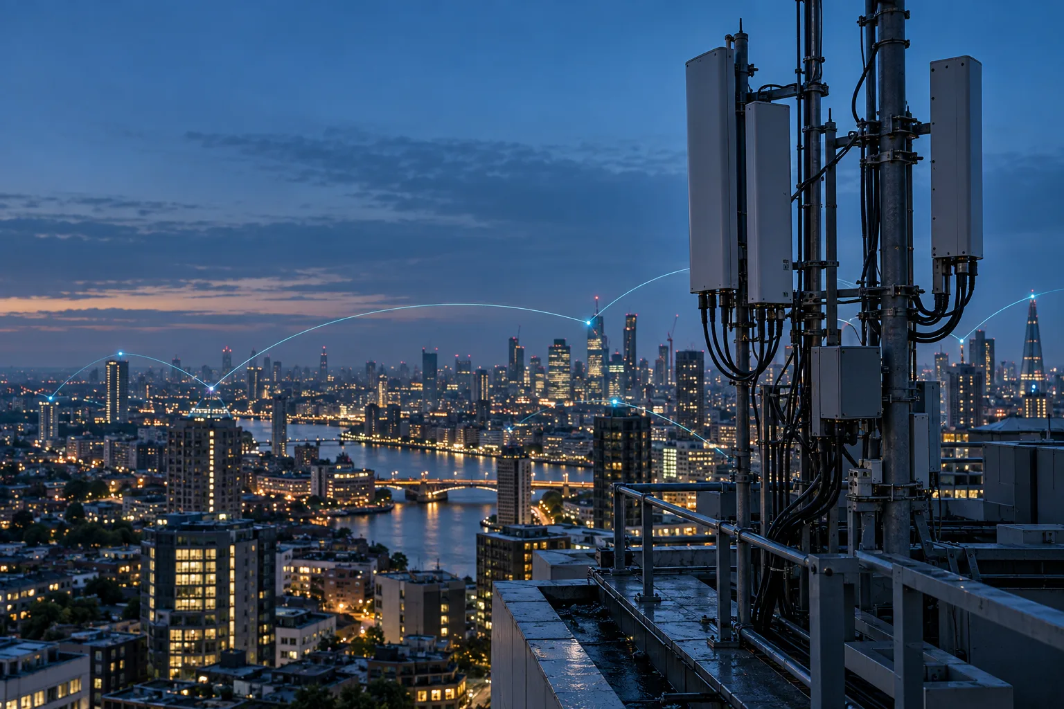 Cellular panel antennas above an illuminated city at blue hour.
