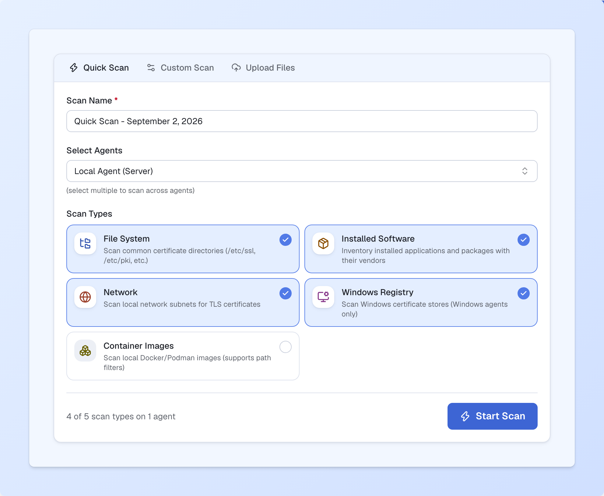 Creating a scan in Cryptoramic: file system, installed software, network, Windows registry and container image scan types selected for one agent.